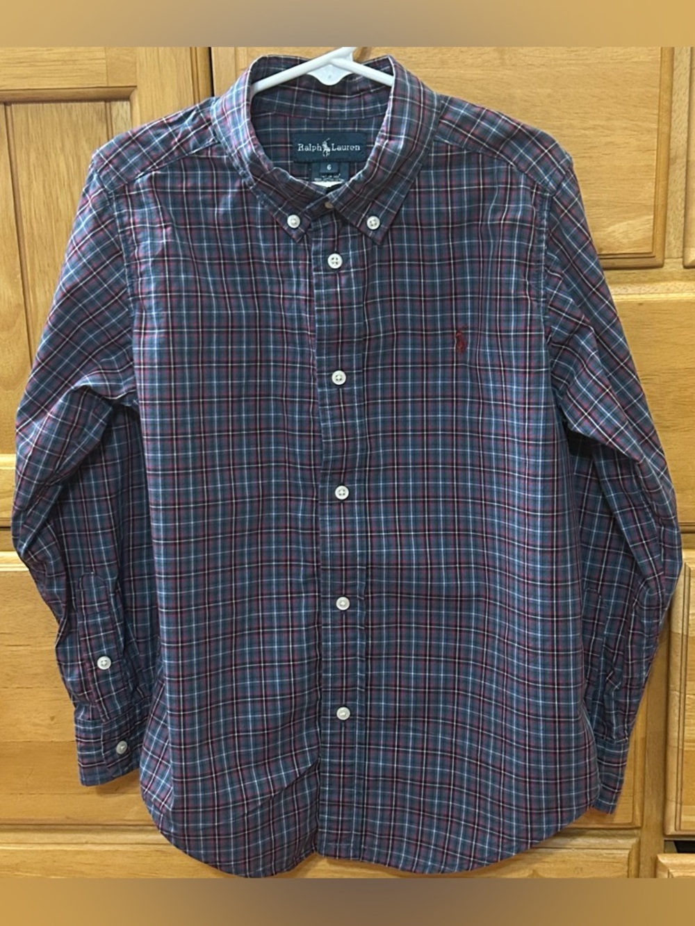 Ralph Lauren Boy's Blues and Red Plaid Long Sleeve Button Down Shirt Size 6